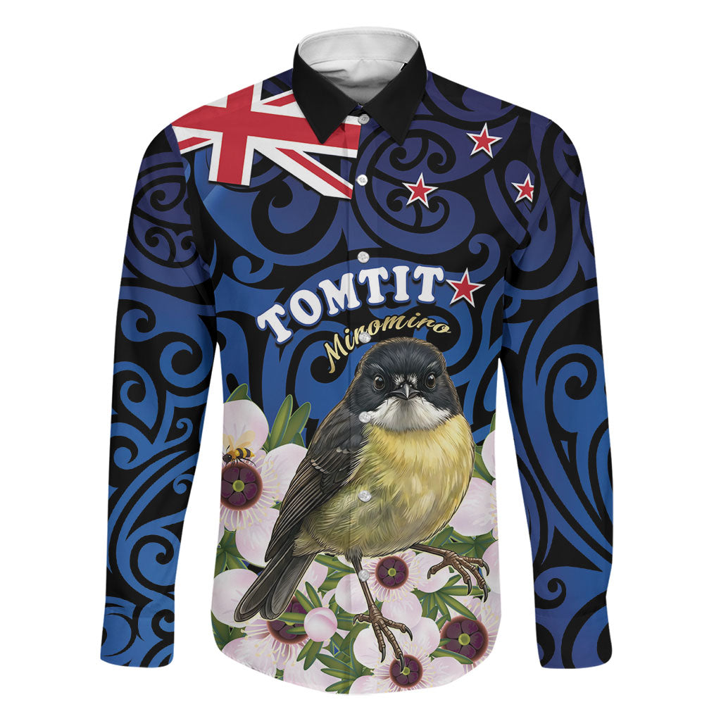 Tomtit New Zealand Personalised Family Matching Tank Maxi Dress and Hawaiian Shirt Miromiro Manuka Flower Maori Pattern LT22 Dad's Shirt - Long Sleeve Blue - Polynesian Pride