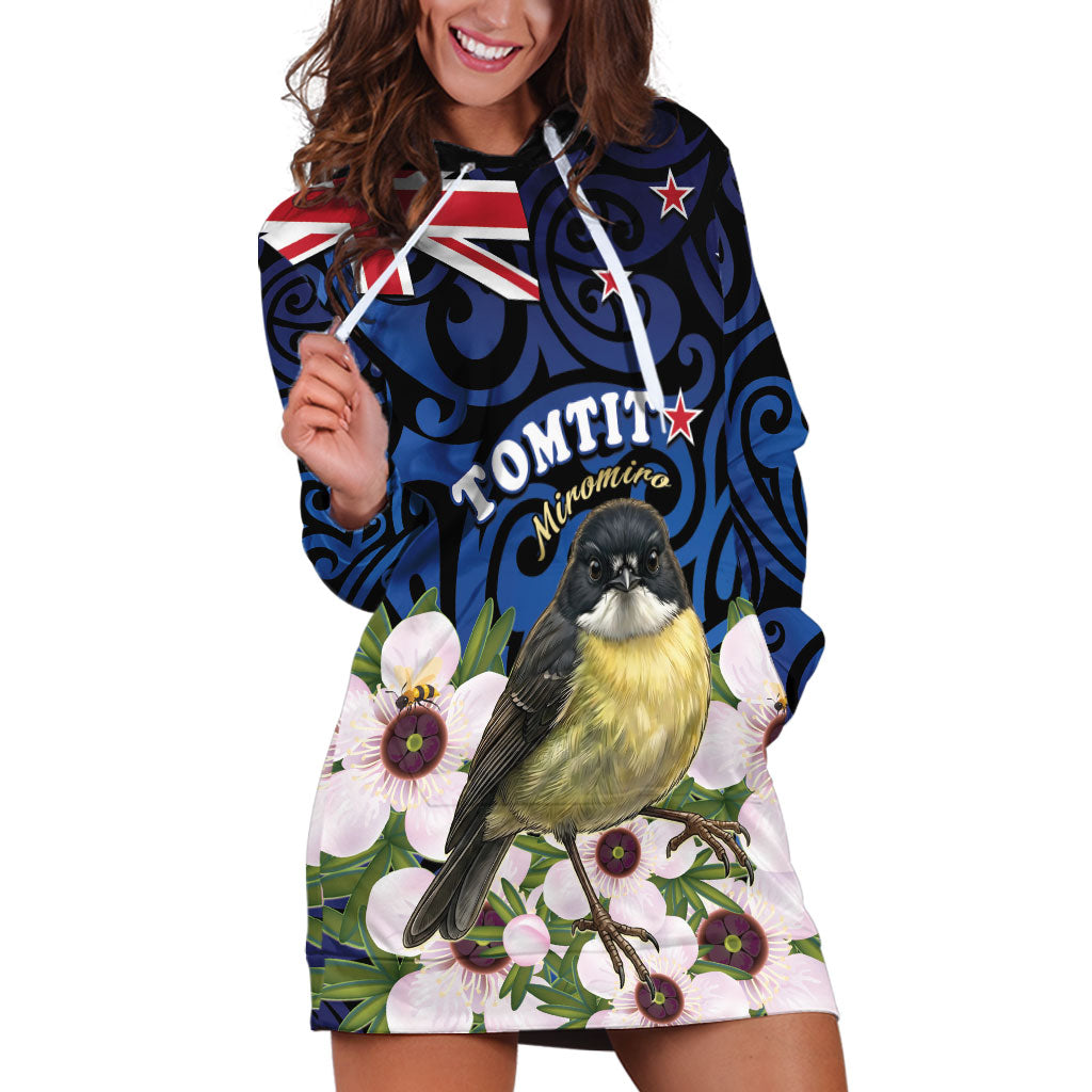 Tomtit New Zealand Personalised Hoodie Dress Miromiro Manuka Flower Maori Pattern
