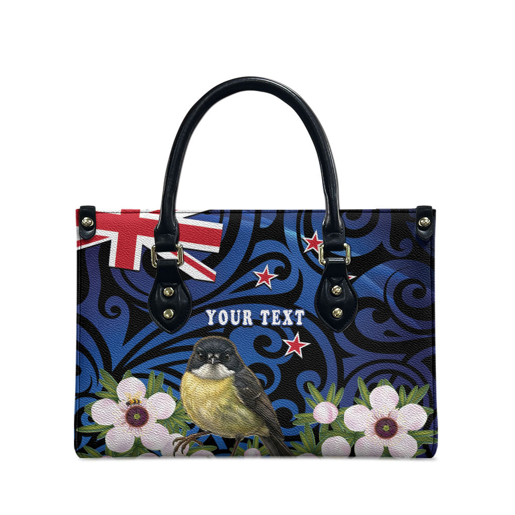 Tomtit New Zealand Personalised Leather Bag Miromiro Manuka Flower Maori Pattern