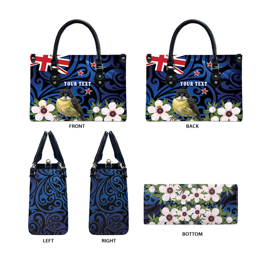 Tomtit New Zealand Personalised Leather Bag Miromiro Manuka Flower Maori Pattern