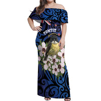 Tomtit New Zealand Personalised Off Shoulder Maxi Dress Miromiro Manuka Flower Maori Pattern