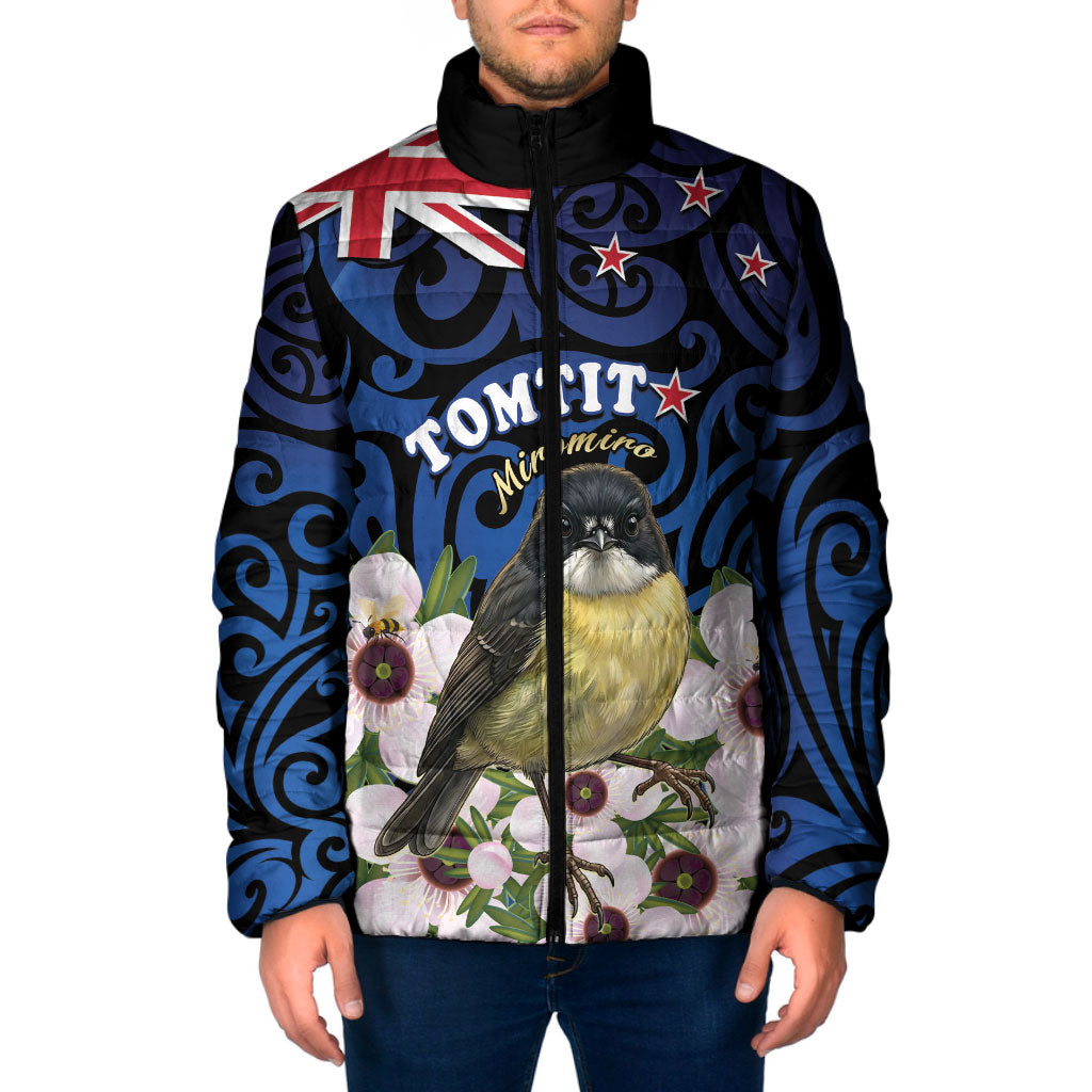 Tomtit New Zealand Personalised Padded Jacket Miromiro Manuka Flower Maori Pattern