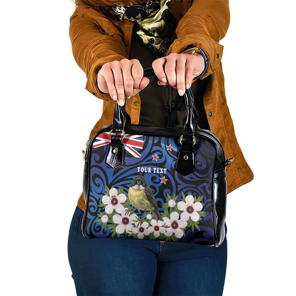Tomtit New Zealand Personalised Shoulder Handbag Miromiro Manuka Flower Maori Pattern