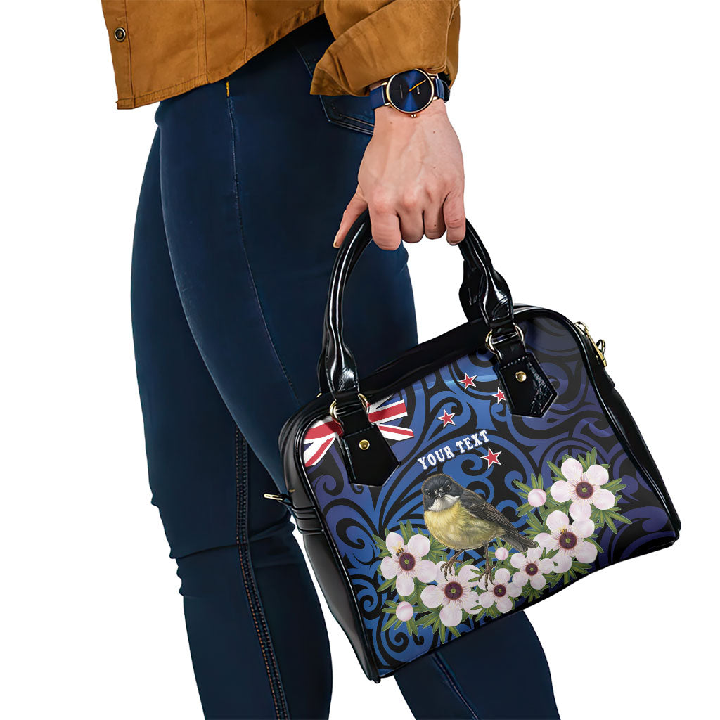 Tomtit New Zealand Personalised Shoulder Handbag Miromiro Manuka Flower Maori Pattern