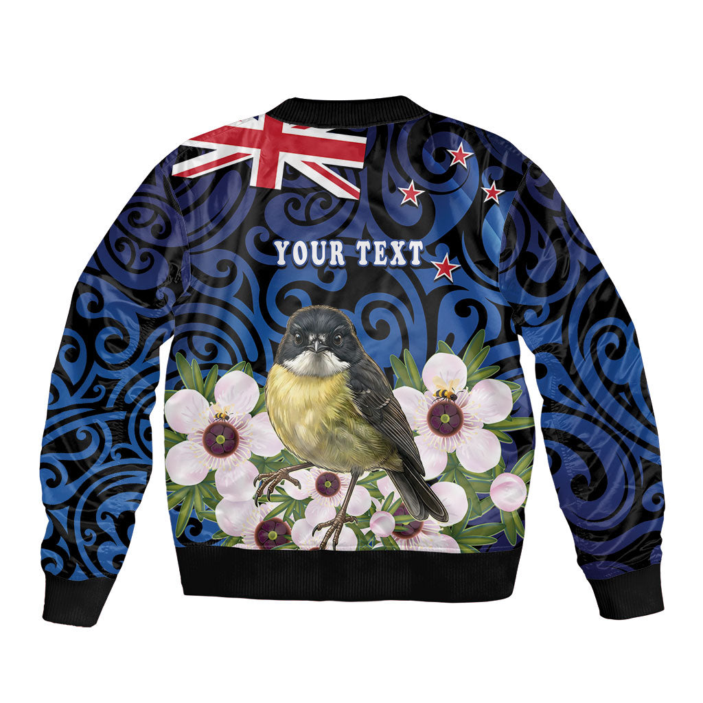 Tomtit New Zealand Personalised Sleeve Zip Bomber Jacket Miromiro Manuka Flower Maori Pattern