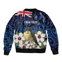 Tomtit New Zealand Personalised Sleeve Zip Bomber Jacket Miromiro Manuka Flower Maori Pattern