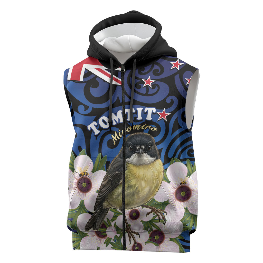 Tomtit New Zealand Personalised Sleeveless Zip Hoodie Miromiro Manuka Flower Maori Pattern