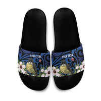 Tomtit New Zealand Personalised Slide Sandals Miromiro Manuka Flower Maori Pattern