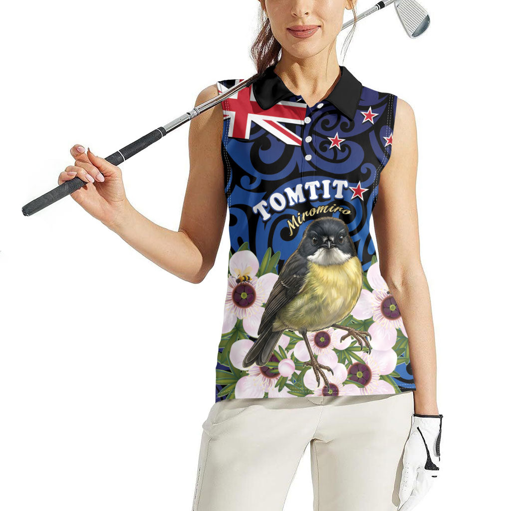 Tomtit New Zealand Personalised Women Sleeveless Polo Shirt Miromiro Manuka Flower Maori Pattern LT22 - Polynesian Pride