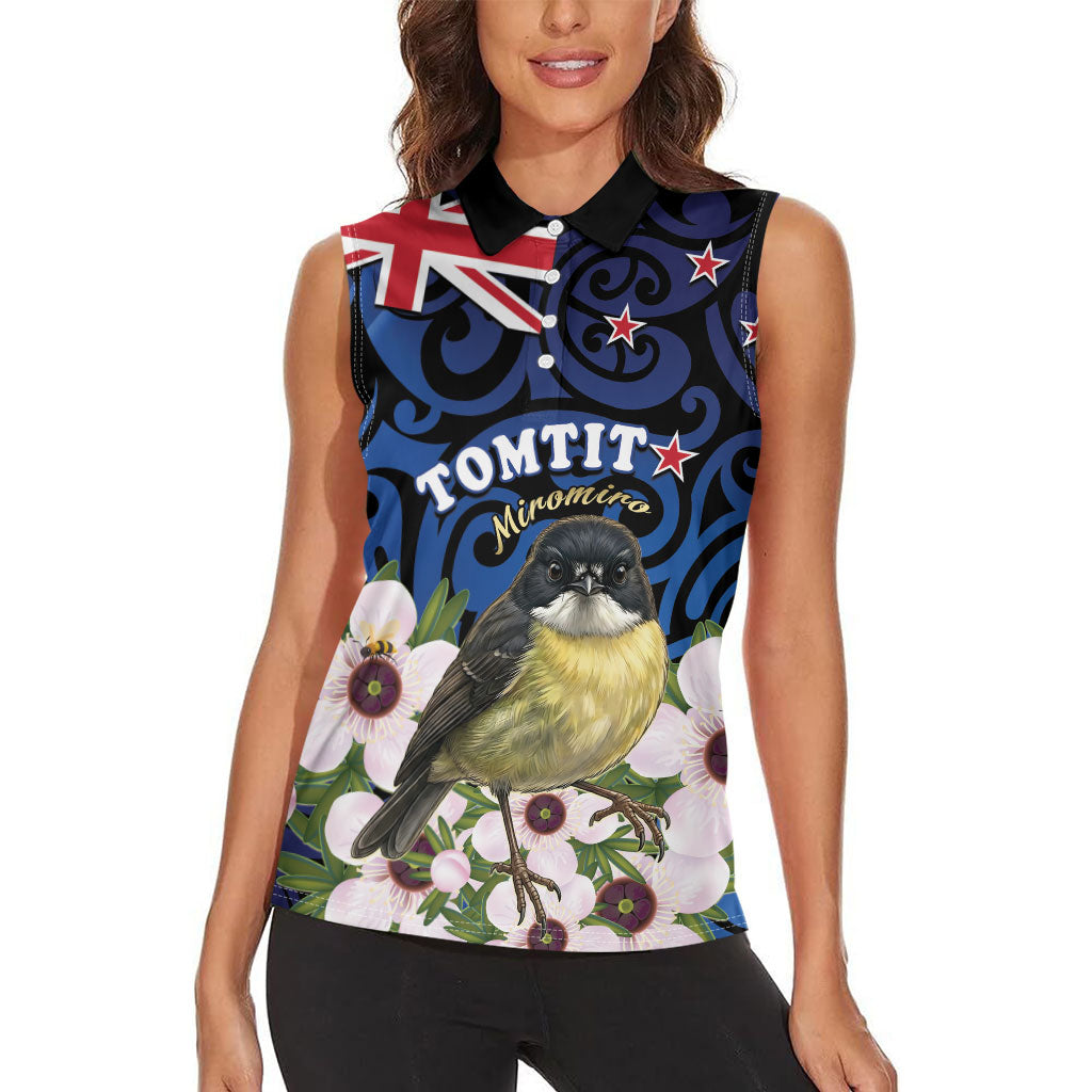 Tomtit New Zealand Personalised Women Sleeveless Polo Shirt Miromiro Manuka Flower Maori Pattern LT22 - Polynesian Pride