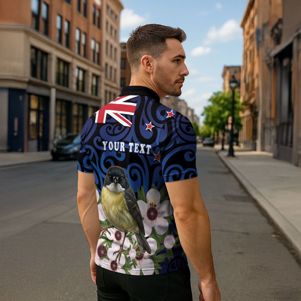 Tomtit New Zealand Personalised Zipper Polo Shirt Miromiro Manuka Flower Maori Pattern