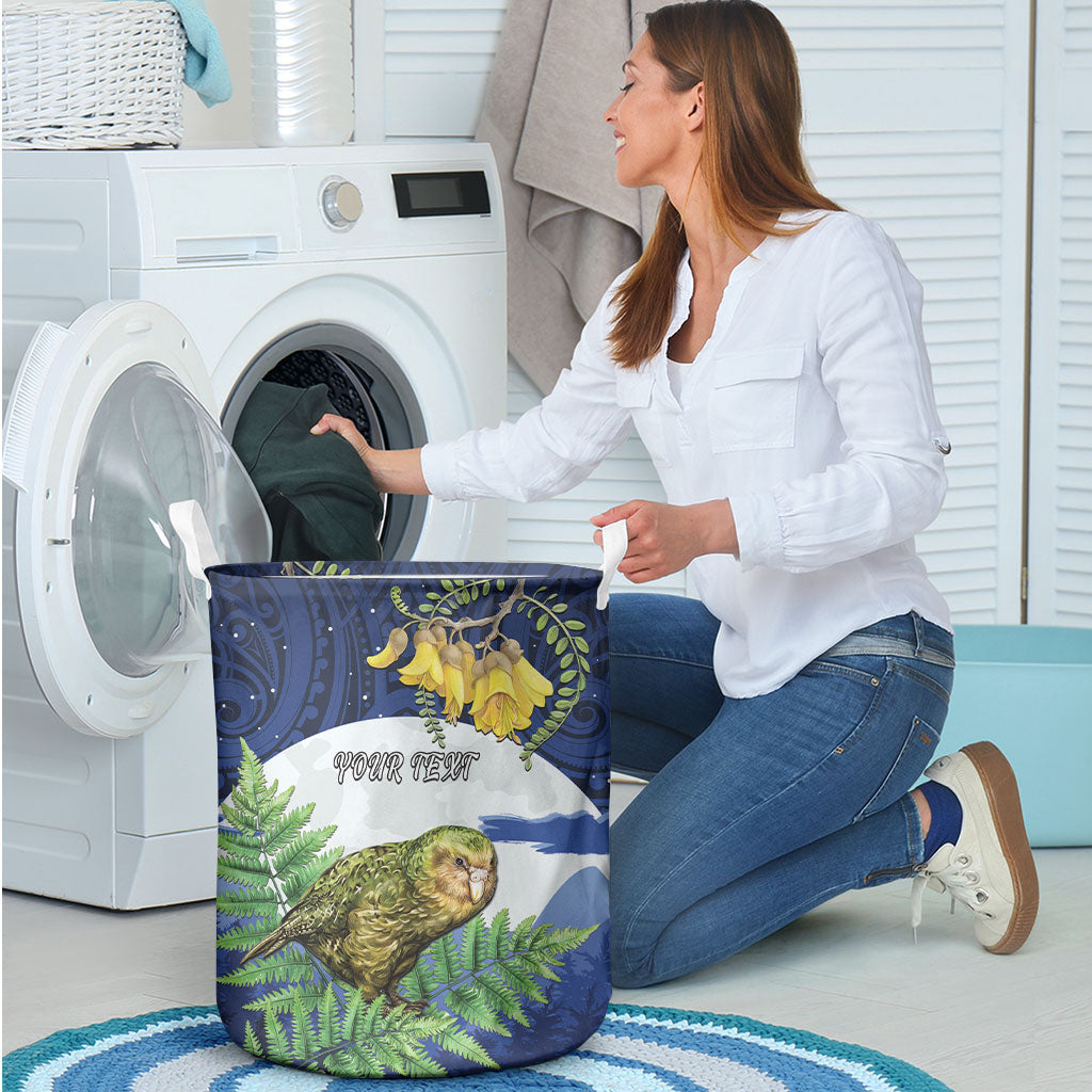 Kakapo New Zealand Personalised Laundry Basket Kowhai Flower Silver Fern Maori Pattern