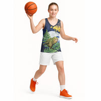 Kakapo New Zealand Personalised Basketball Jersey Kowhai Flower Silver Fern Maori Pattern