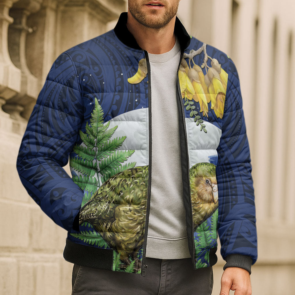 Kakapo New Zealand Personalised Bomber Puffer Jacket Kowhai Flower Silver Fern Maori Pattern