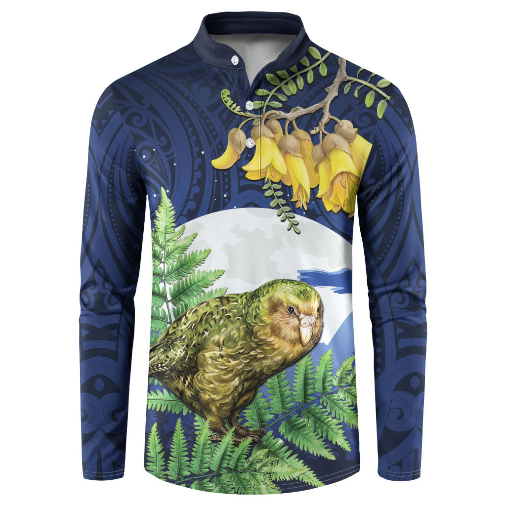 Kakapo New Zealand Personalised Button Sweatshirt Kowhai Flower Silver Fern Maori Pattern