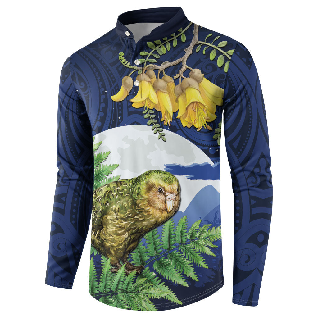 Kakapo New Zealand Personalised Button Sweatshirt Kowhai Flower Silver Fern Maori Pattern
