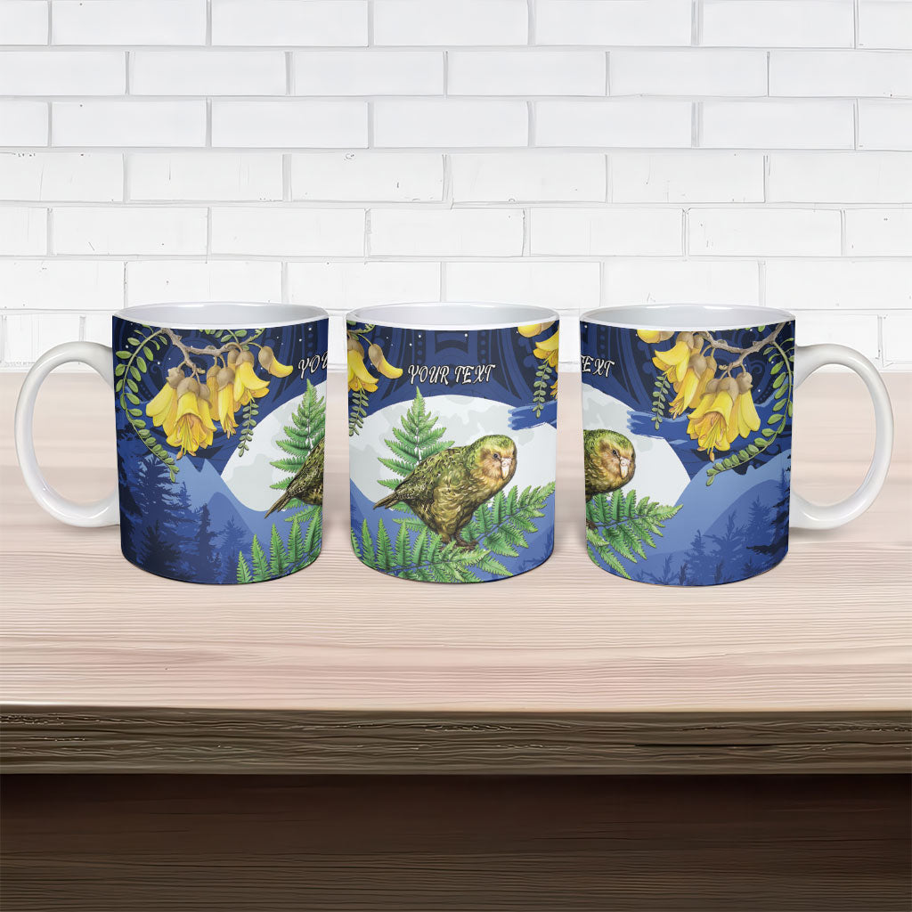 Kakapo New Zealand Personalised Ceramic Mug Kowhai Flower Silver Fern Maori Pattern