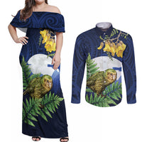 Kakapo New Zealand Personalised Couples Matching Off Shoulder Maxi Dress and Long Sleeve Button Shirt Kowhai Flower Silver Fern Maori Pattern LT22 Blue - Polynesian Pride