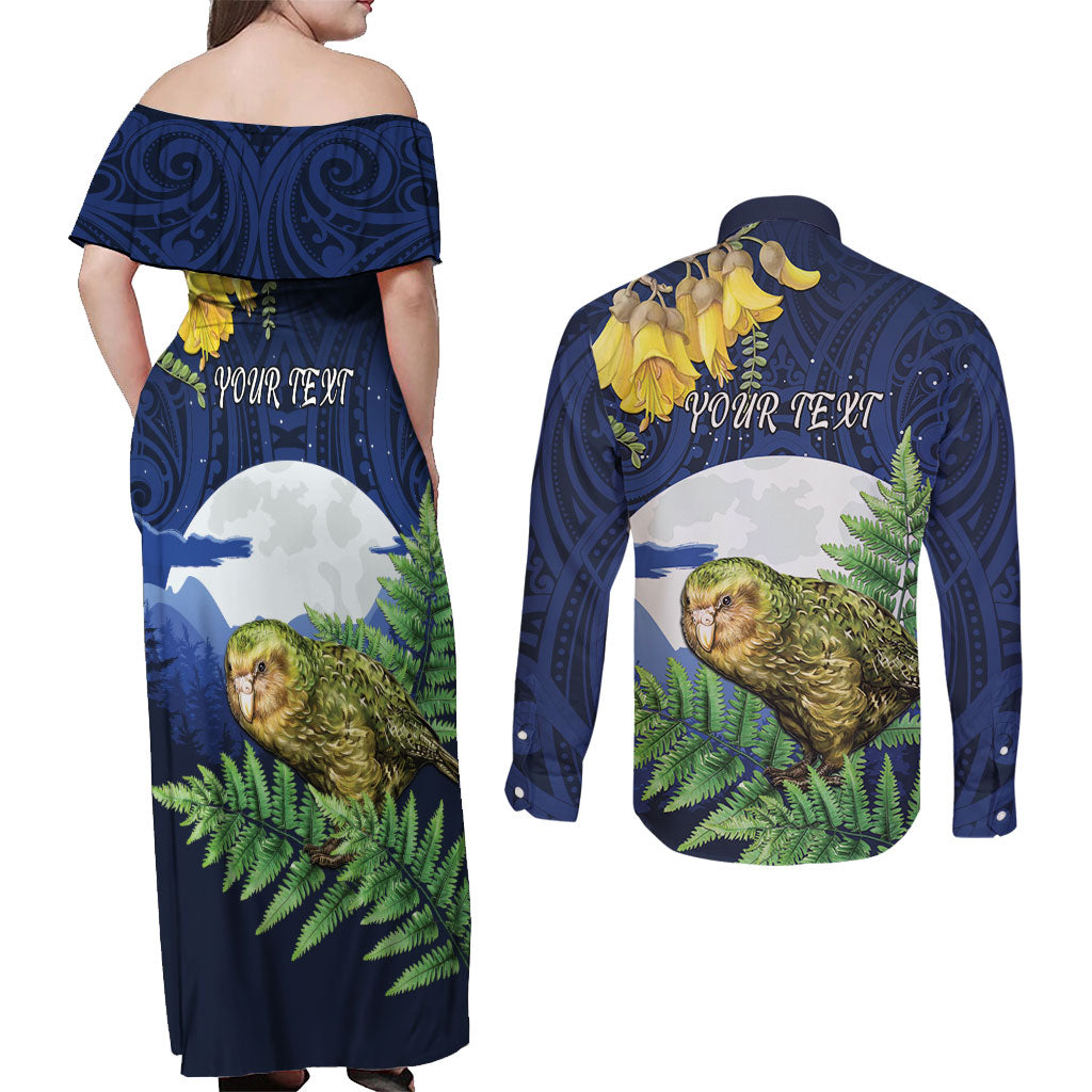 Kakapo New Zealand Personalised Couples Matching Off Shoulder Maxi Dress and Long Sleeve Button Shirt Kowhai Flower Silver Fern Maori Pattern LT22 - Polynesian Pride