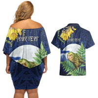Kakapo New Zealand Personalised Couples Matching Off Shoulder Short Dress and Hawaiian Shirt Kowhai Flower Silver Fern Maori Pattern LT22 - Polynesian Pride