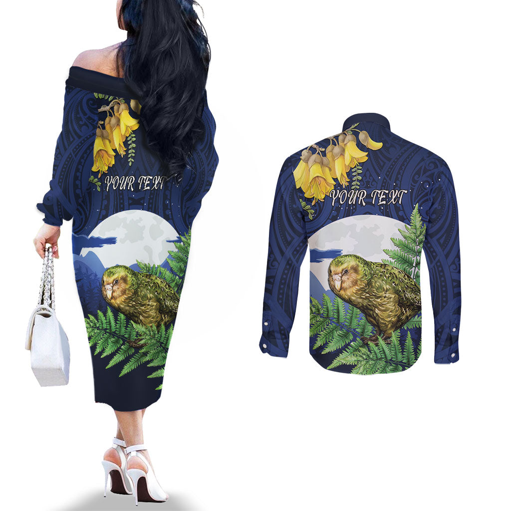 Kakapo New Zealand Personalised Couples Matching Off The Shoulder Long Sleeve Dress and Long Sleeve Button Shirt Kowhai Flower Silver Fern Maori Pattern LT22 - Polynesian Pride