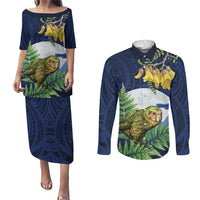 Kakapo New Zealand Personalised Couples Matching Puletasi and Long Sleeve Button Shirt Kowhai Flower Silver Fern Maori Pattern