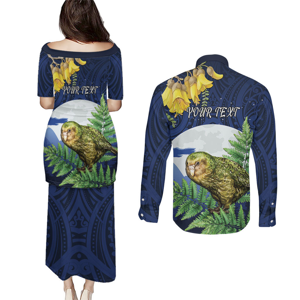 Kakapo New Zealand Personalised Couples Matching Puletasi and Long Sleeve Button Shirt Kowhai Flower Silver Fern Maori Pattern