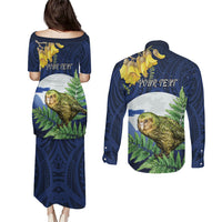 Kakapo New Zealand Personalised Couples Matching Puletasi and Long Sleeve Button Shirt Kowhai Flower Silver Fern Maori Pattern