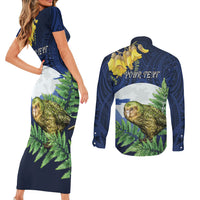 Kakapo New Zealand Personalised Couples Matching Short Sleeve Bodycon Dress and Long Sleeve Button Shirt Kowhai Flower Silver Fern Maori Pattern LT22 - Polynesian Pride