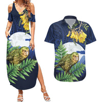 Kakapo New Zealand Personalised Couples Matching Summer Maxi Dress and Hawaiian Shirt Kowhai Flower Silver Fern Maori Pattern LT22 Blue - Polynesian Pride