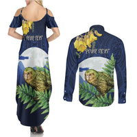 Kakapo New Zealand Personalised Couples Matching Summer Maxi Dress and Long Sleeve Button Shirt Kowhai Flower Silver Fern Maori Pattern LT22 - Polynesian Pride