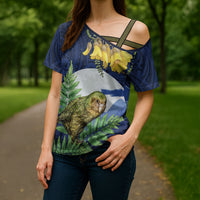 Kakapo New Zealand Personalised Cross Shoulder Shirt Kowhai Flower Silver Fern Maori Pattern