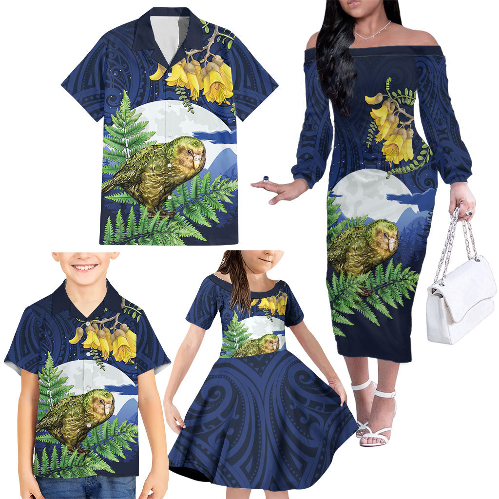 Kakapo New Zealand Personalised Family Matching Off The Shoulder Long Sleeve Dress and Hawaiian Shirt Kowhai Flower Silver Fern Maori Pattern LT22 - Polynesian Pride