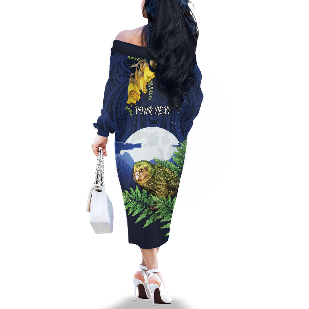 Kakapo New Zealand Personalised Family Matching Off The Shoulder Long Sleeve Dress and Hawaiian Shirt Kowhai Flower Silver Fern Maori Pattern LT22 - Polynesian Pride