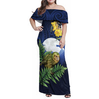 Kakapo New Zealand Personalised Family Matching Off Shoulder Maxi Dress and Hawaiian Shirt Kowhai Flower Silver Fern Maori Pattern LT22 Mom's Dress Blue - Polynesian Pride