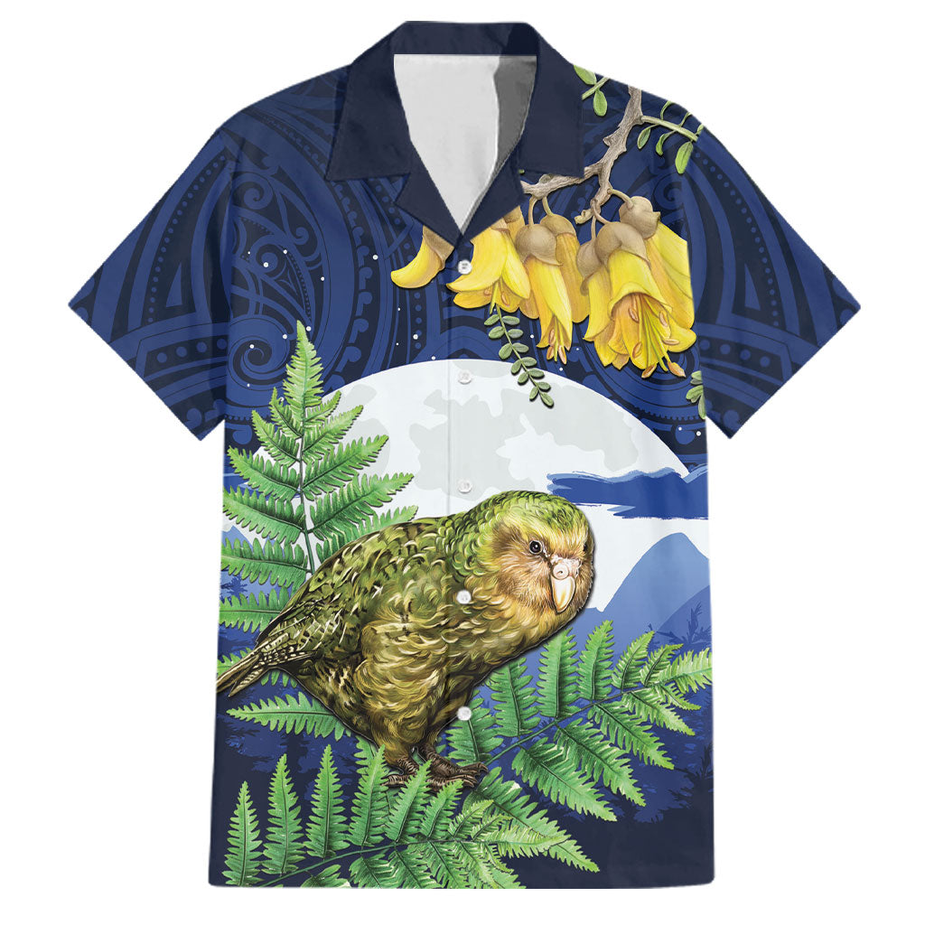 Kakapo New Zealand Personalised Family Matching Off Shoulder Short Dress and Hawaiian Shirt Kowhai Flower Silver Fern Maori Pattern LT22 Dad's Shirt - Short Sleeve Blue - Polynesian Pride