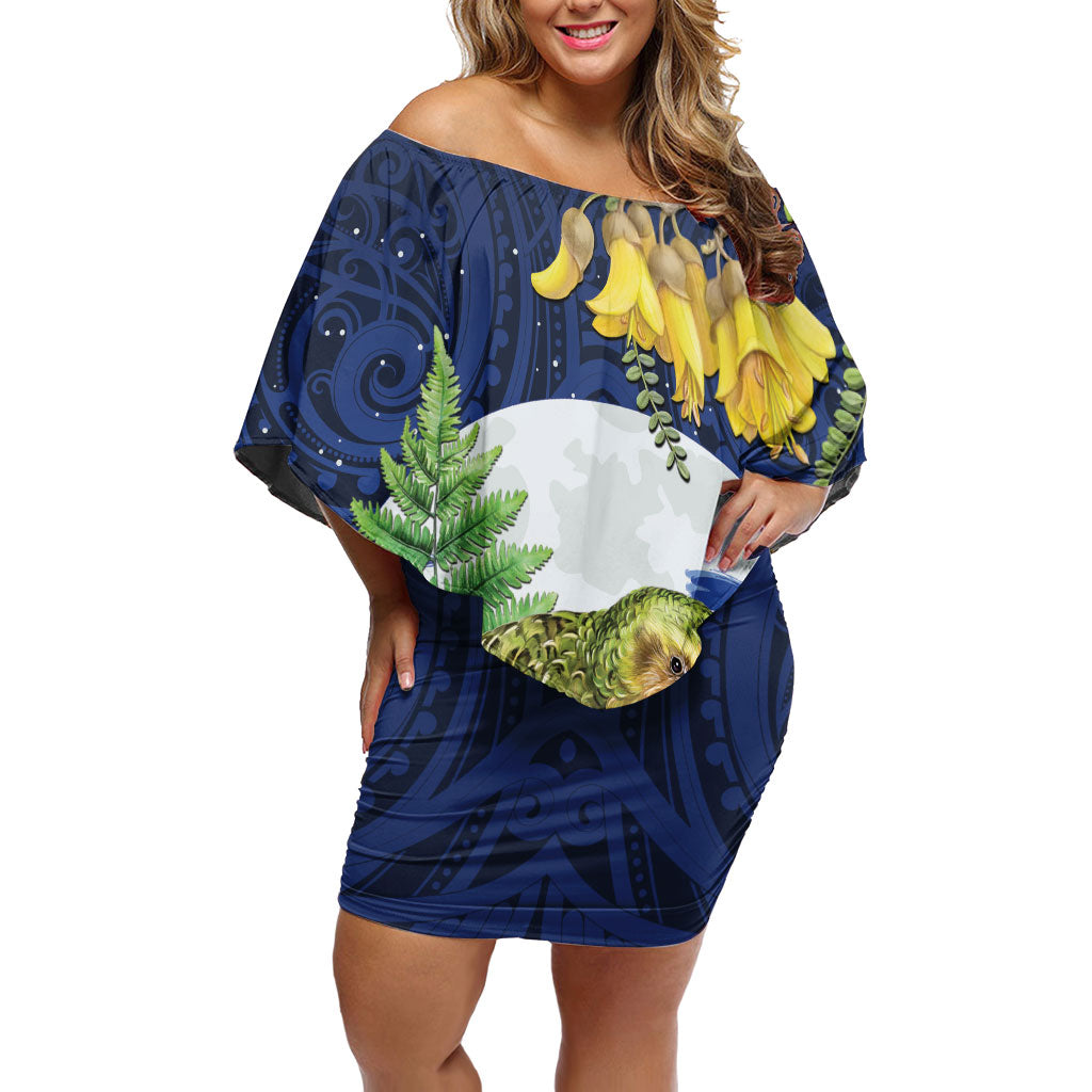 Kakapo New Zealand Personalised Family Matching Off Shoulder Short Dress and Hawaiian Shirt Kowhai Flower Silver Fern Maori Pattern LT22 Mom's Dress Blue - Polynesian Pride