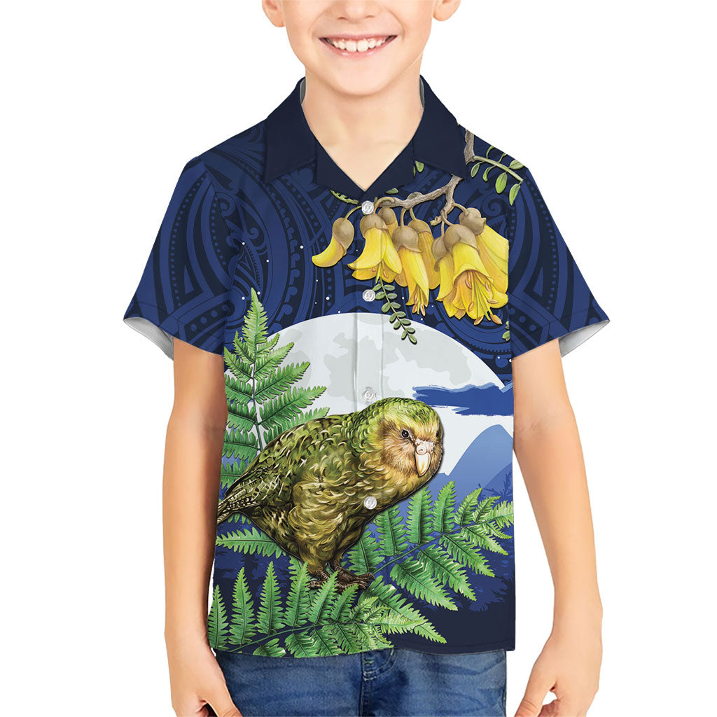 Kakapo New Zealand Personalised Family Matching Puletasi and Hawaiian Shirt Kowhai Flower Silver Fern Maori Pattern LT22 Son's Shirt Blue - Polynesian Pride