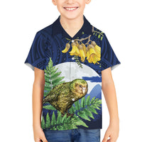 Kakapo New Zealand Personalised Kid Hawaiian Shirt Kowhai Flower Silver Fern Maori Pattern