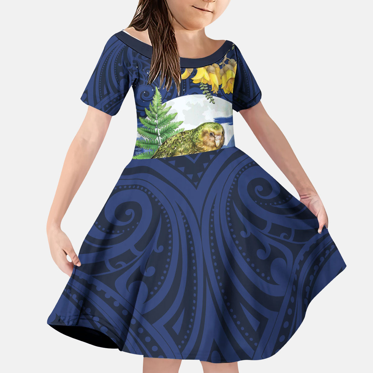 Kakapo New Zealand Personalised Kid Short Sleeve Dress Kowhai Flower Silver Fern Maori Pattern