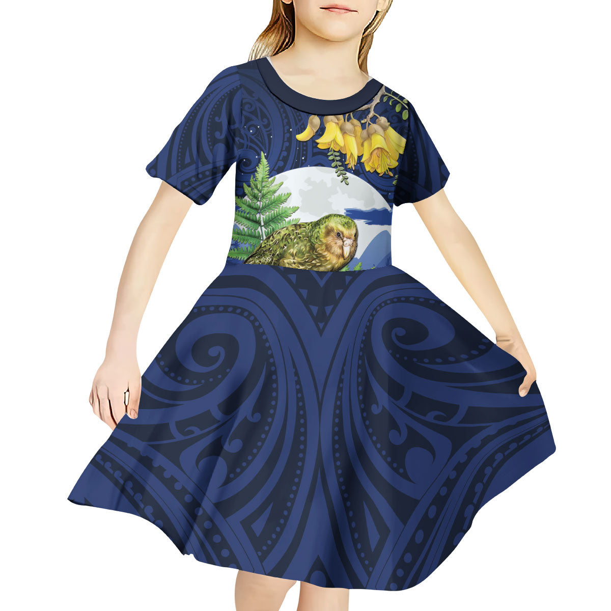 Kakapo New Zealand Personalised Kid Short Sleeve Dress Kowhai Flower Silver Fern Maori Pattern