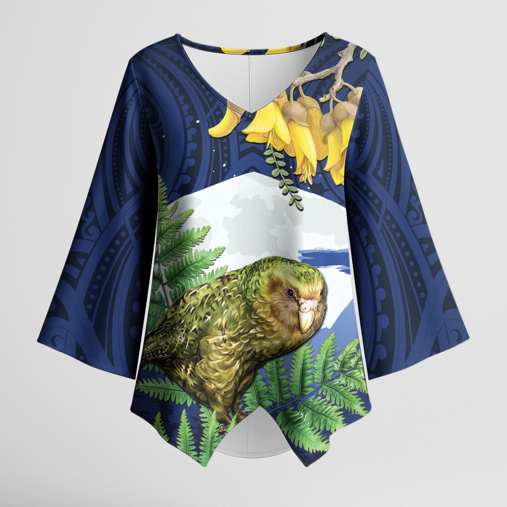 Kakapo New Zealand Personalised Kimono Sleeve Blouse Kowhai Flower Silver Fern Maori Pattern