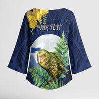 Kakapo New Zealand Personalised Kimono Sleeve Blouse Kowhai Flower Silver Fern Maori Pattern