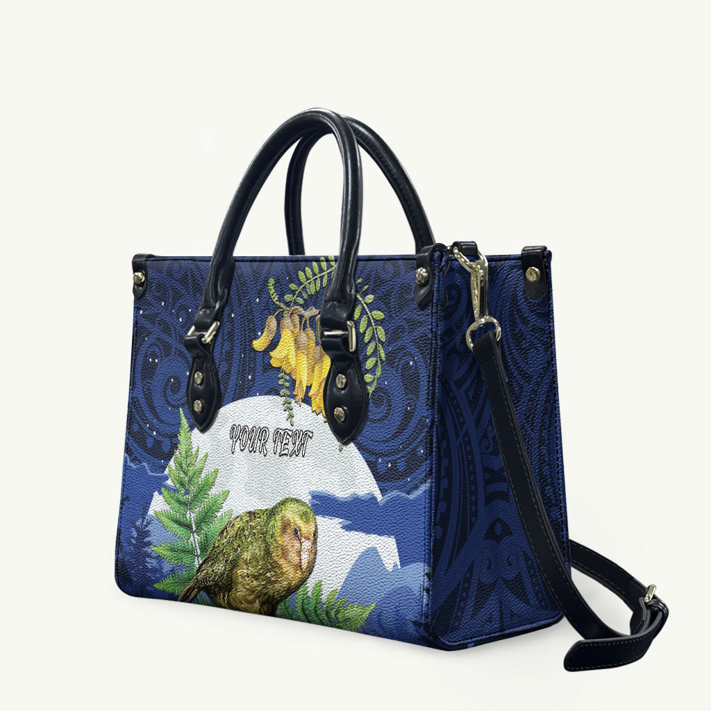 Kakapo New Zealand Personalised Leather Bag Kowhai Flower Silver Fern Maori Pattern
