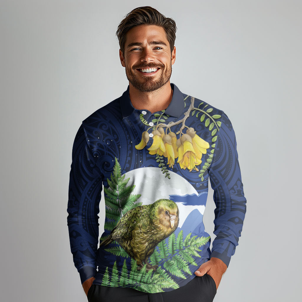 Kakapo New Zealand Personalised Long Sleeve Polo Shirt Kowhai Flower Silver Fern Maori Pattern