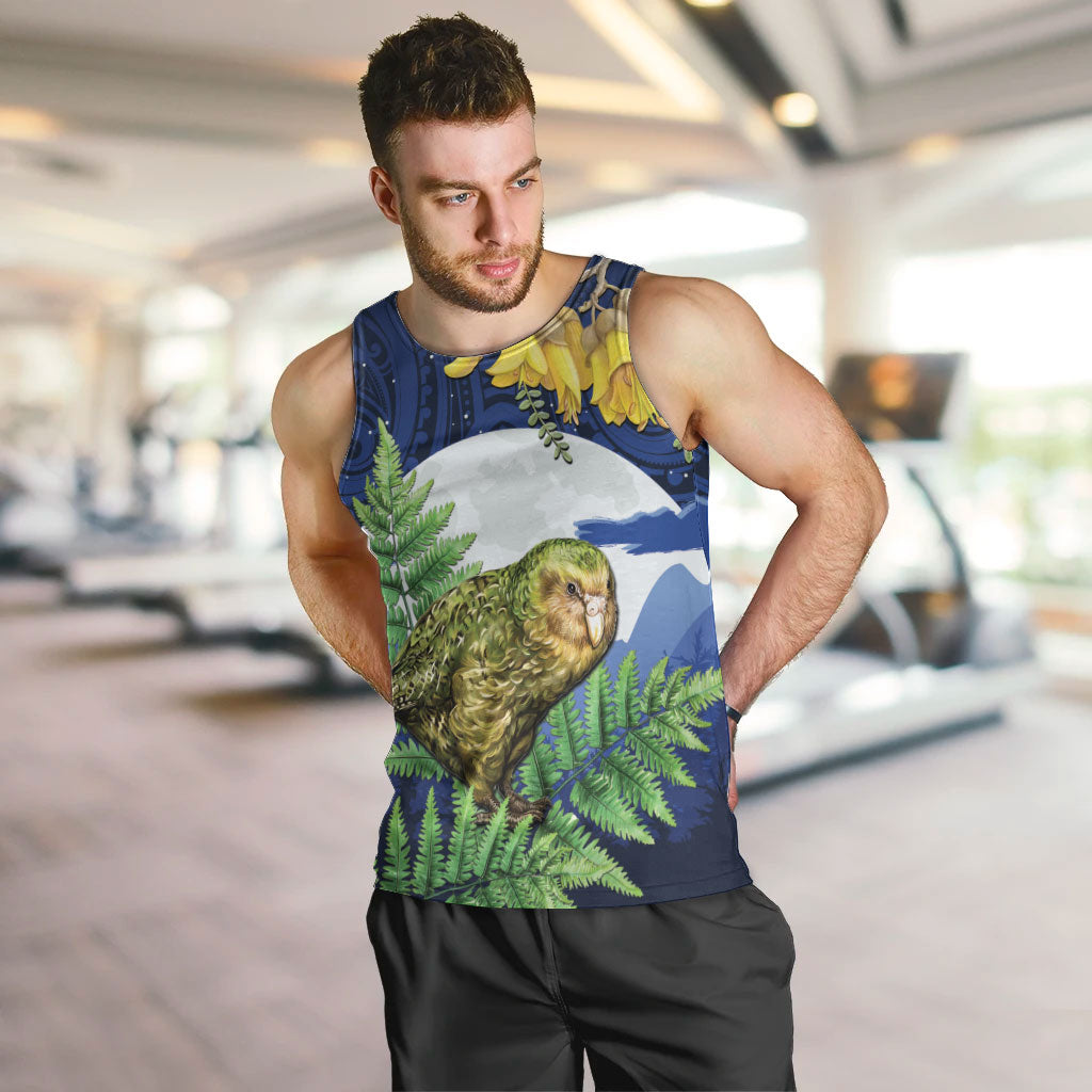 Kakapo New Zealand Personalised Men Tank Top Kowhai Flower Silver Fern Maori Pattern