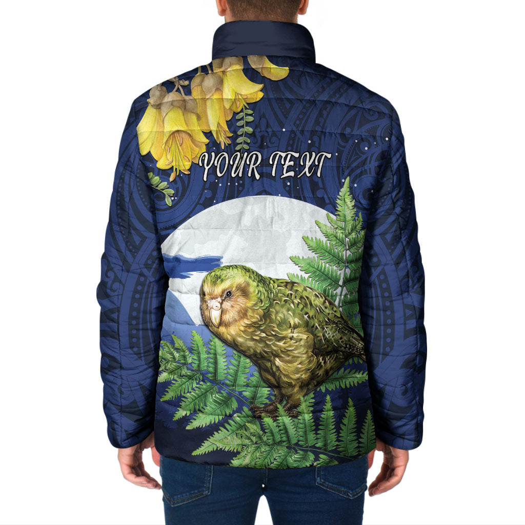 Kakapo New Zealand Personalised Padded Jacket Kowhai Flower Silver Fern Maori Pattern