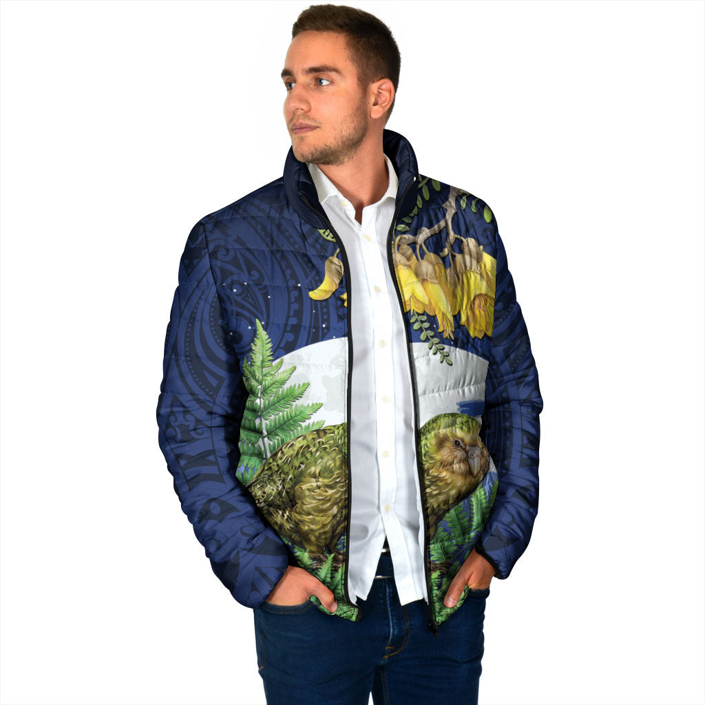 Kakapo New Zealand Personalised Padded Jacket Kowhai Flower Silver Fern Maori Pattern