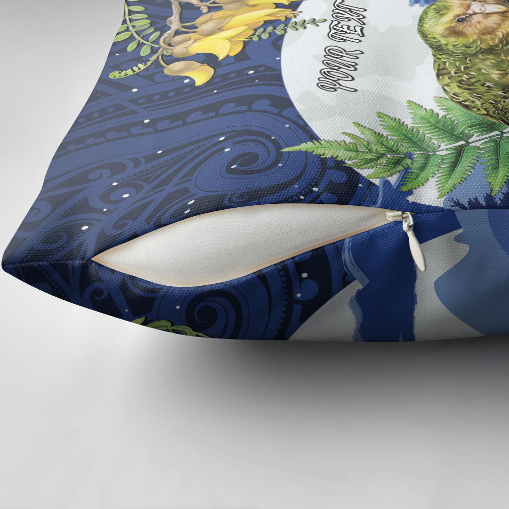 Kakapo New Zealand Personalised Pillow Cover Kowhai Flower Silver Fern Maori Pattern