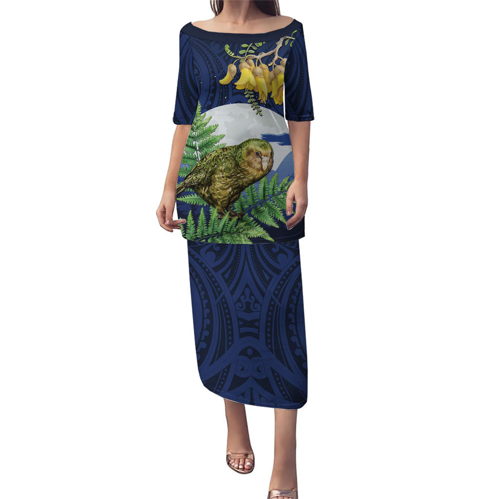 Kakapo New Zealand Personalised Puletasi Kowhai Flower Silver Fern Maori Pattern